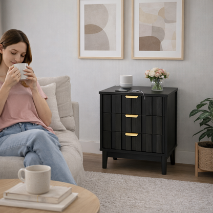 ALTALIA DECO HOME Buró para Recámara Moderno - Mesa de Noche 3 Cajones Almacenamiento - Buro Minimalista Lambrín - 60x48x40cm - Buro Madera MDF - Buros Recámara Mesita Noche Auxiliar (Negro 3 Cajones)