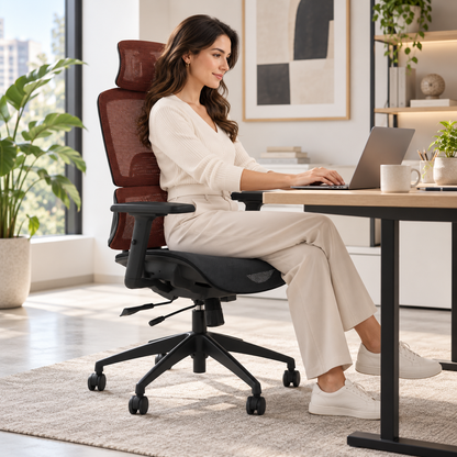 Silla Ergonómica de Oficina Modelo Vega – Roja y Negra, Malla Respirable, Soporte Lumbar y Reposabrazos Ajustables