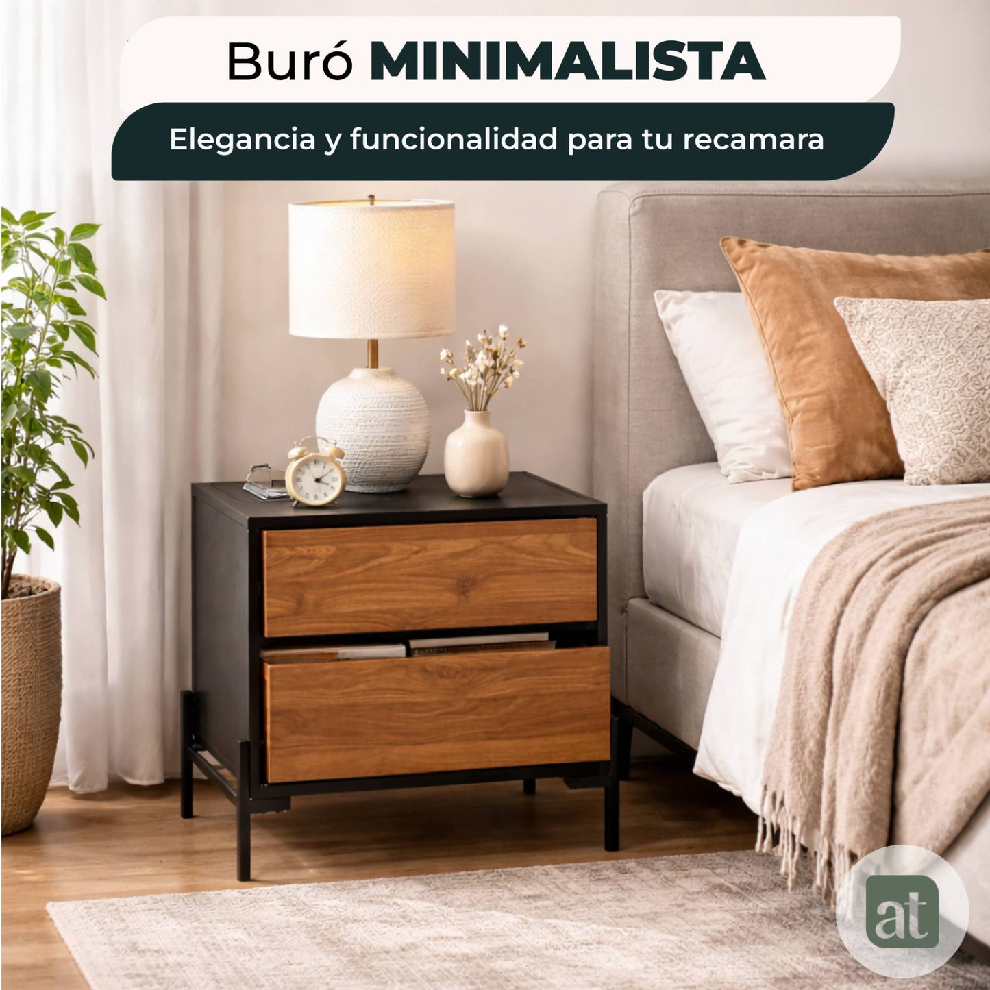 Buró Minimalista con 2 Cajones - 52x35x55 cm - Negro y café