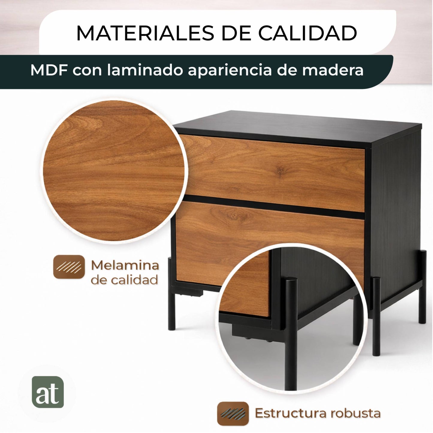 Buró Minimalista con 2 Cajones - 52x35x55 cm - Negro y café