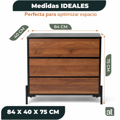 Cajonera para Recamara - Cómoda 3 Cajones - 84x40x75 cm Negro con Café