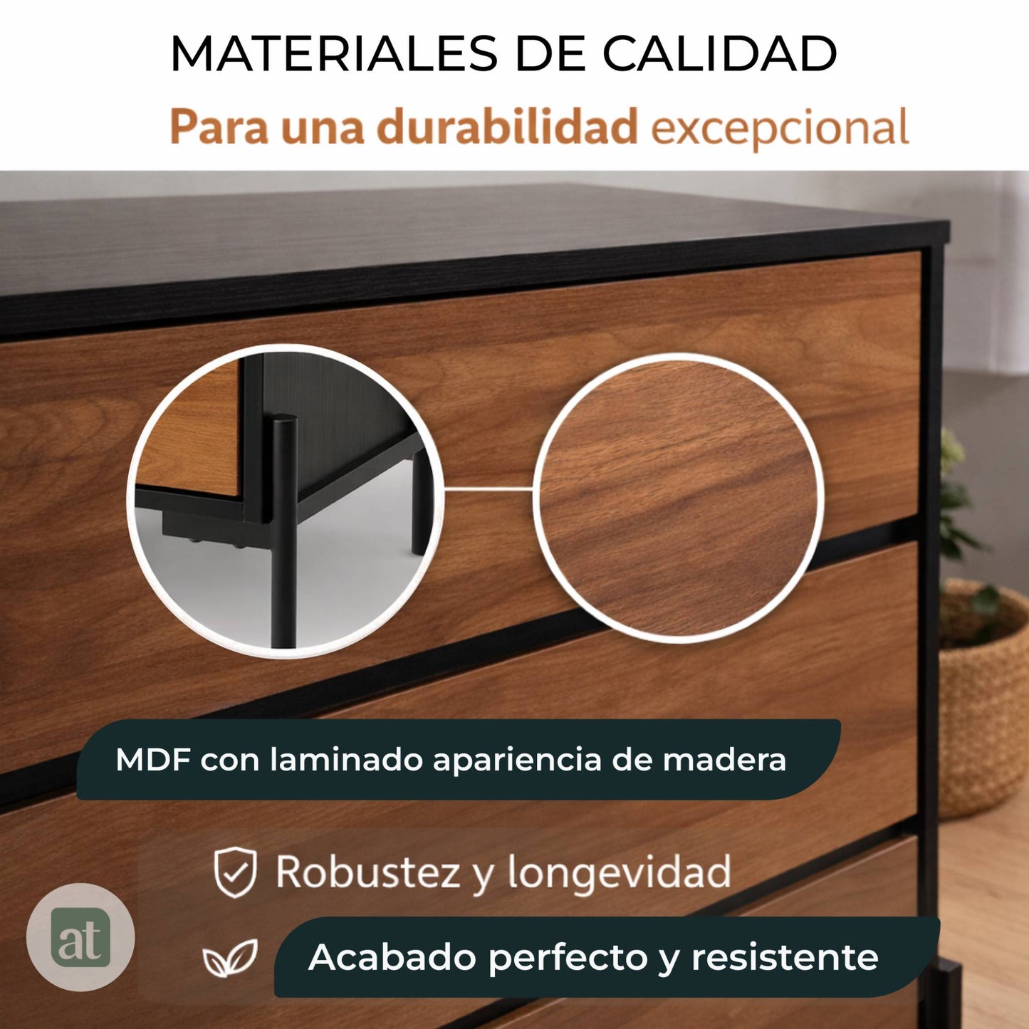 Cajonera para Recamara - Cómoda 3 Cajones - 84x40x75 cm Negro con Café