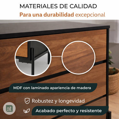 Cajonera para Recamara - Cómoda 3 Cajones - 84x40x75 cm Negro con Café