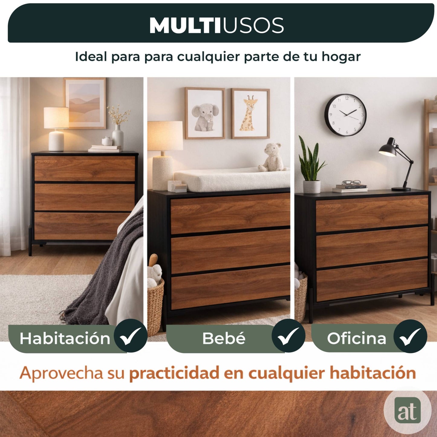 Cajonera para Recamara - Cómoda 3 Cajones - 84x40x75 cm Negro con Café