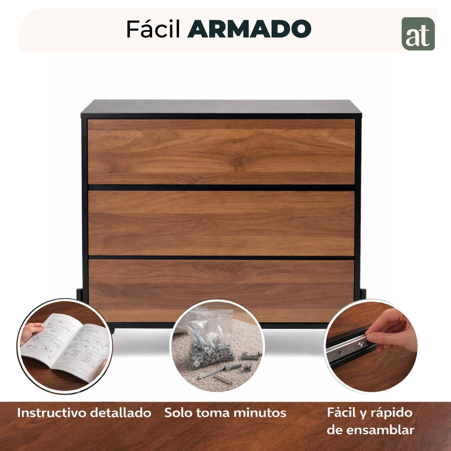 Cajonera para Recamara - Cómoda 3 Cajones - 84x40x75 cm Negro con Café