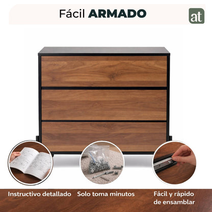 Cajonera para Recamara - Cómoda 3 Cajones - 84x40x75 cm Negro con Café