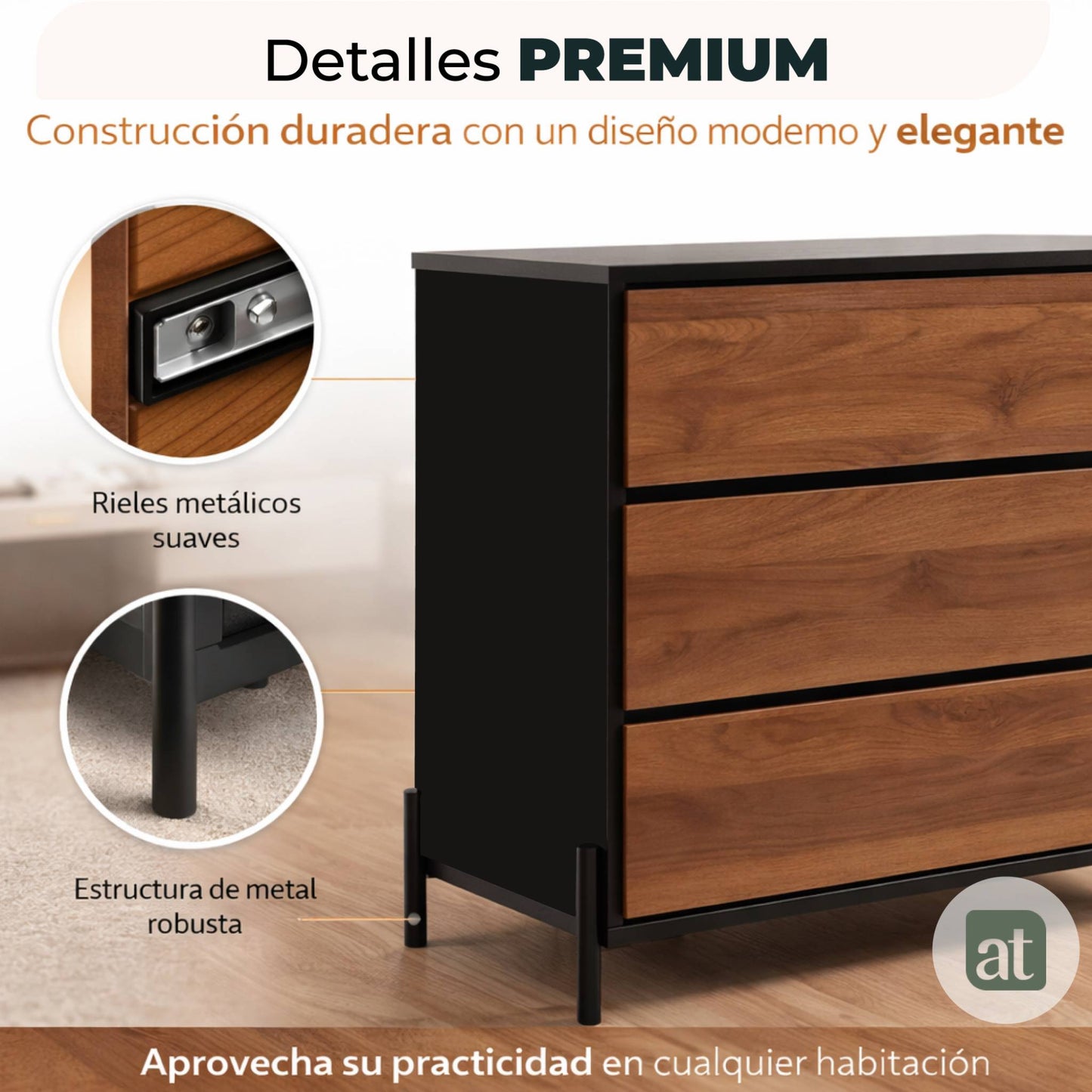 Cajonera para Recamara - Cómoda 3 Cajones - 84x40x75 cm Negro con Café