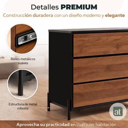 Cajonera para Recamara - Cómoda 3 Cajones - 84x40x75 cm Negro con Café
