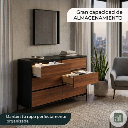 Cajonera para recámara - Cómoda con 6 Cajones - 124x40x75cm - Negro y Café
