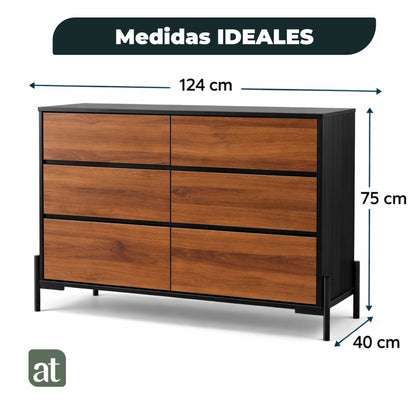 Cajonera para recámara - Cómoda con 6 Cajones - 124x40x75cm - Negro y Café