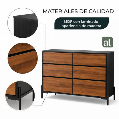 Cajonera para recámara - Cómoda con 6 Cajones - 124x40x75cm - Negro y Café