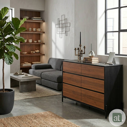 Cajonera para recámara - Cómoda con 6 Cajones - 124x40x75cm - Negro y Café
