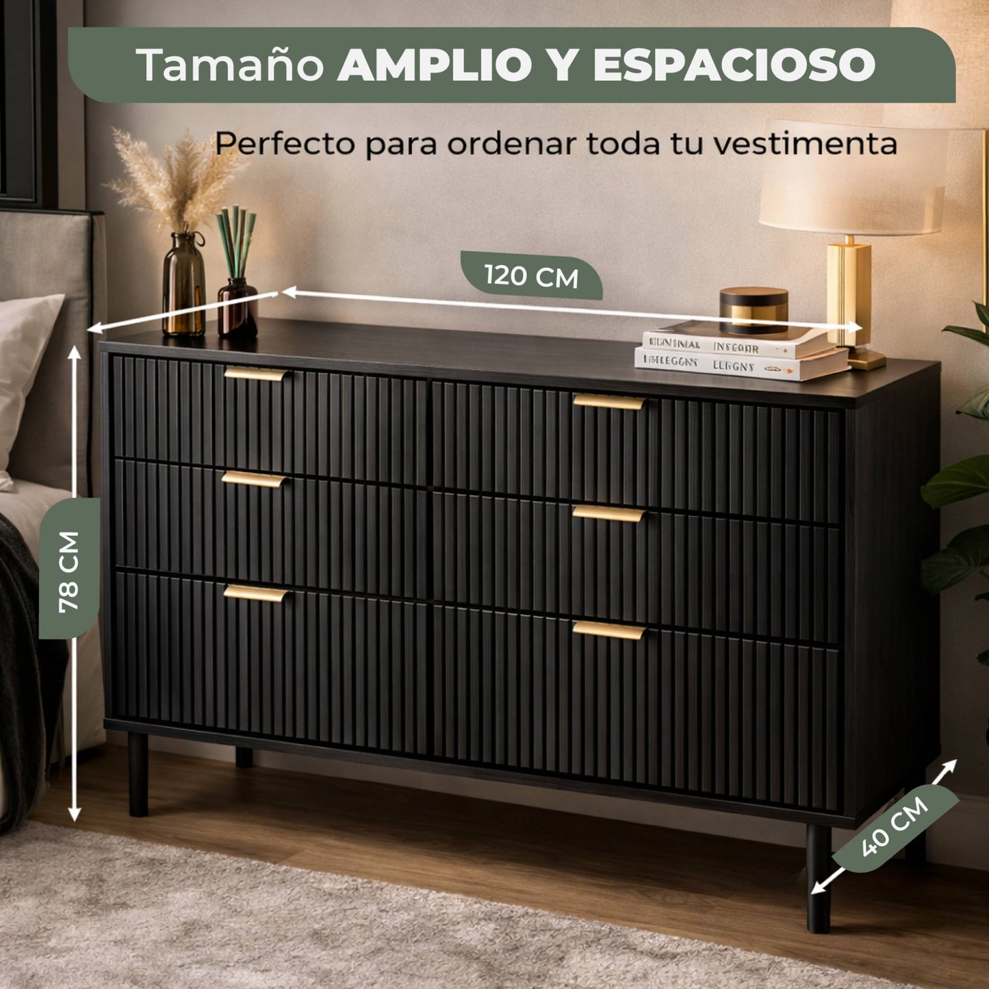 Cajonera para recámara - Cómoda con 6 Cajones - 120x40x78cm -  MDF