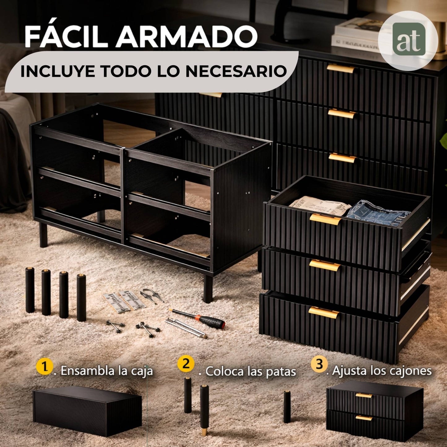 Cajonera para recámara - Cómoda con 6 Cajones - 120x40x78cm -  MDF