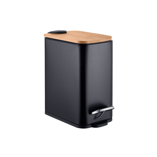 Bote de basura de acero inoxidable blanco tapa de bamboo 5 Litros con pedal (Negro)