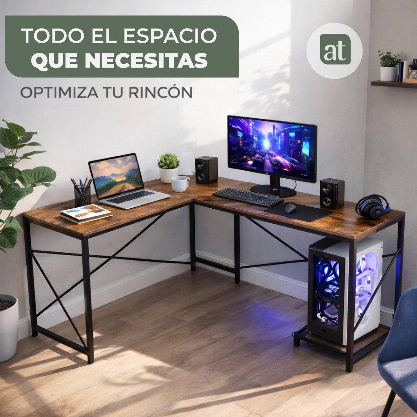 Escritorio en L de Madera esquinero minimalista (Café Oscuro)