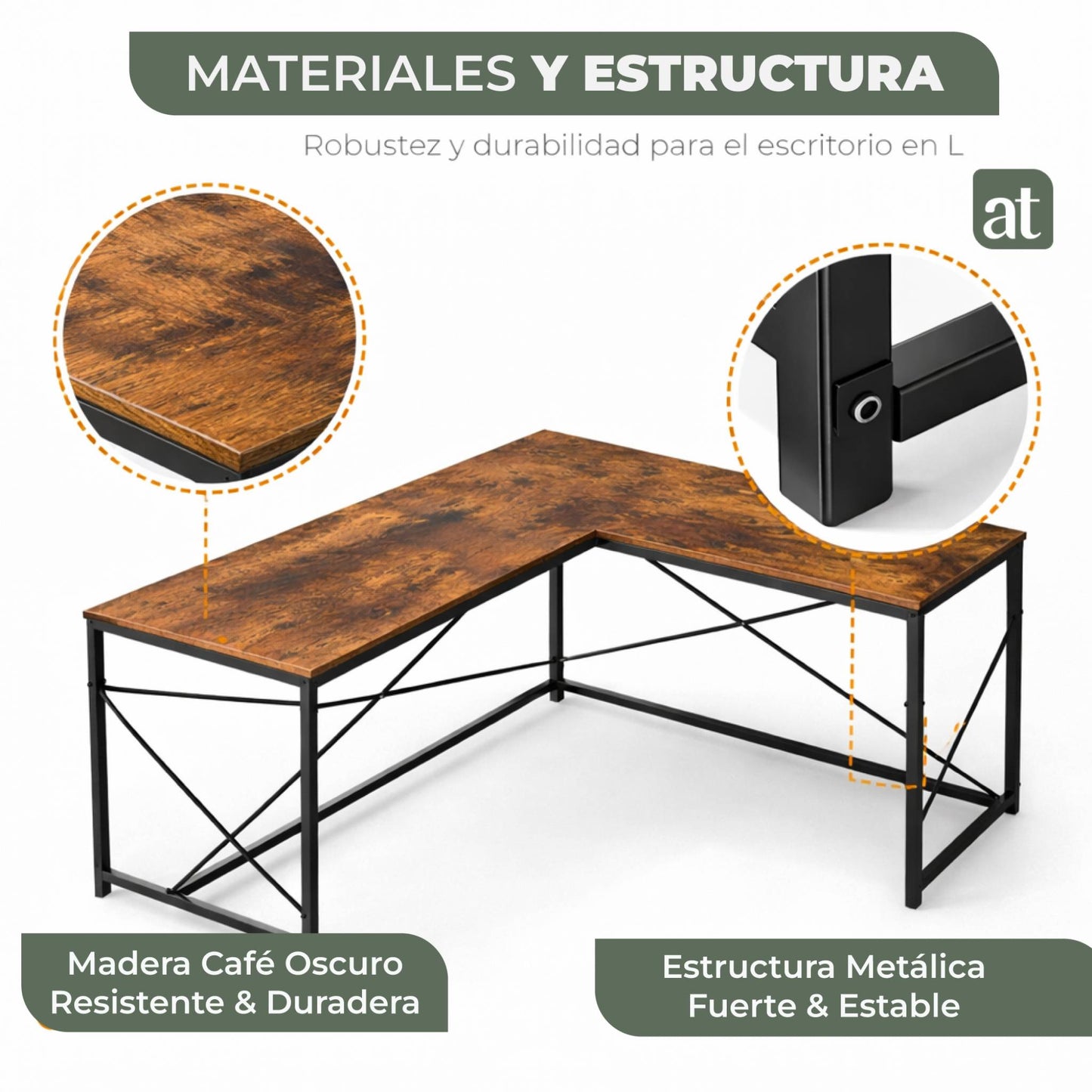 Escritorio en L de Madera esquinero minimalista (Café Oscuro)