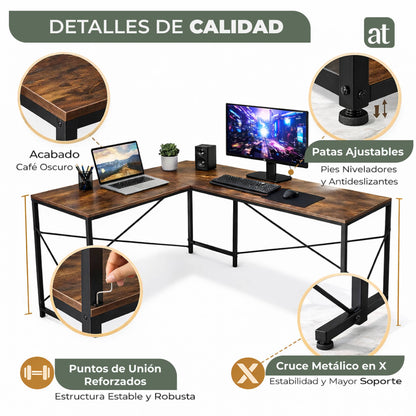 Escritorio en L de Madera esquinero minimalista (Café Oscuro)
