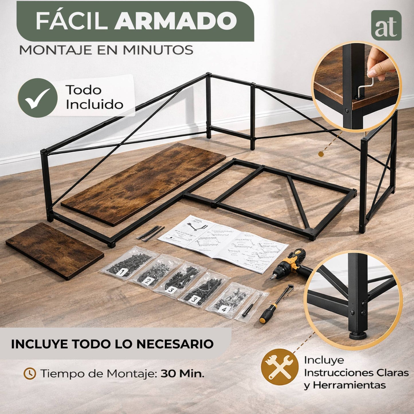 Escritorio en L de Madera esquinero minimalista (Café Oscuro)