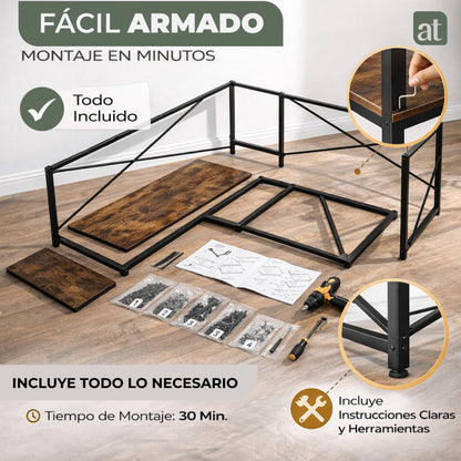 Escritorio en L de Madera esquinero minimalista (Café Oscuro)