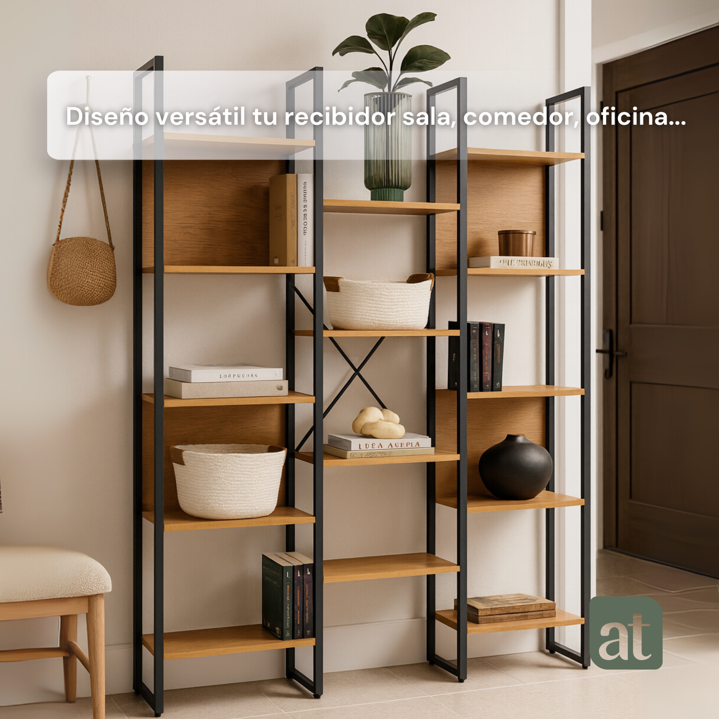 Librero grande con 3 secciones y 14 nichos de madera madera haya