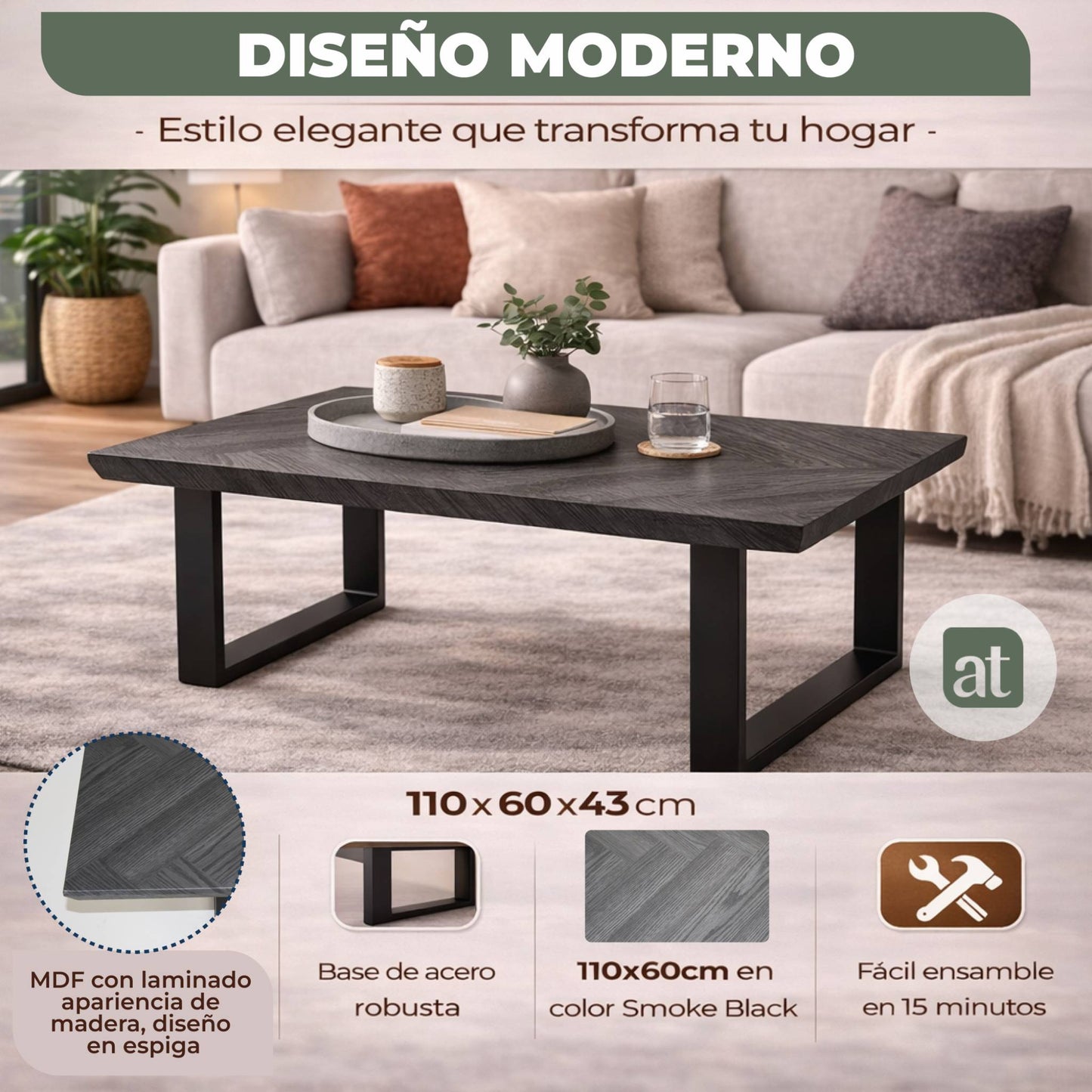 Mesa de Centro Rectangular de Sala 110x60x43cm  Madera de MDF con melamina diseño en Espiga