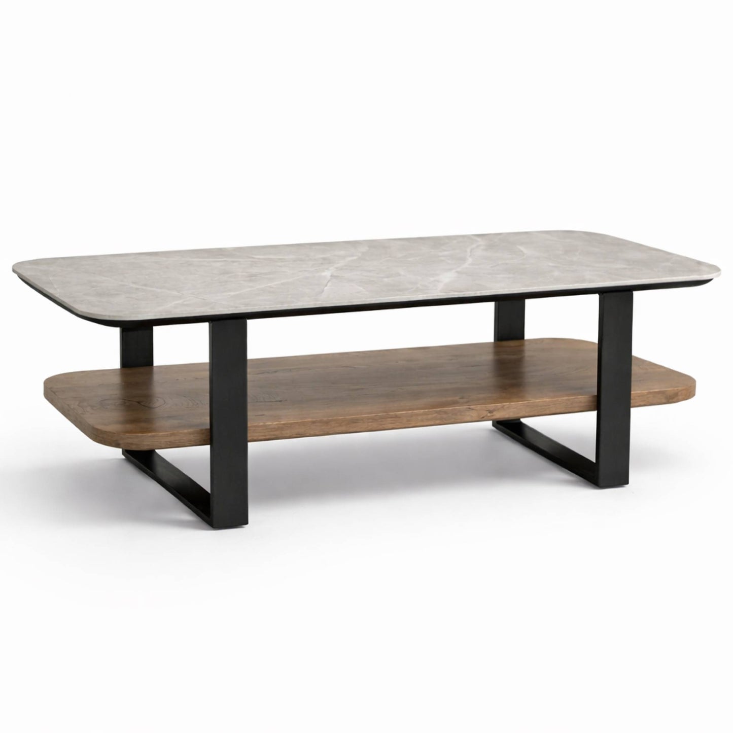 Mesa de Centro para Sala con Repisa Superior de Piedra Sinterizada Gris e Inferior de MDF Nogal