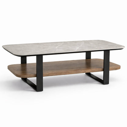 Mesa de Centro para Sala con Repisa Superior de Piedra Sinterizada Gris e Inferior de MDF Nogal