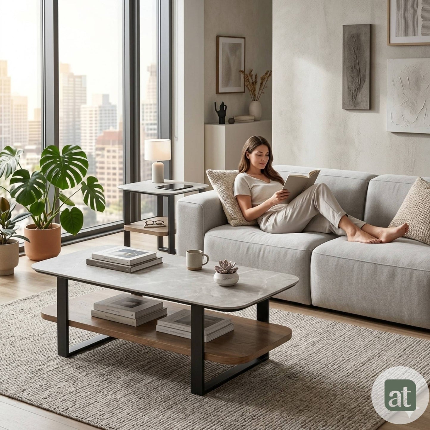 Mesa de Centro para Sala con Repisa Superior de Piedra Sinterizada Gris e Inferior de MDF Nogal