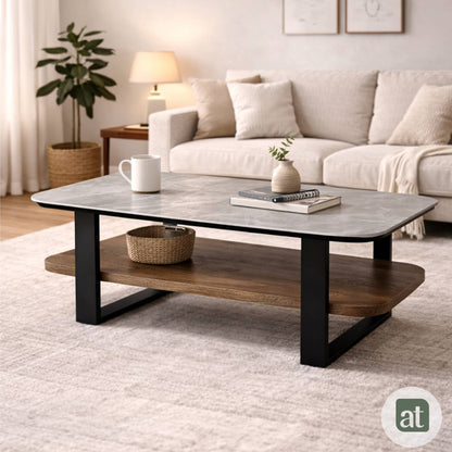 Mesa de Centro para Sala con Repisa Superior de Piedra Sinterizada Gris e Inferior de MDF Nogal