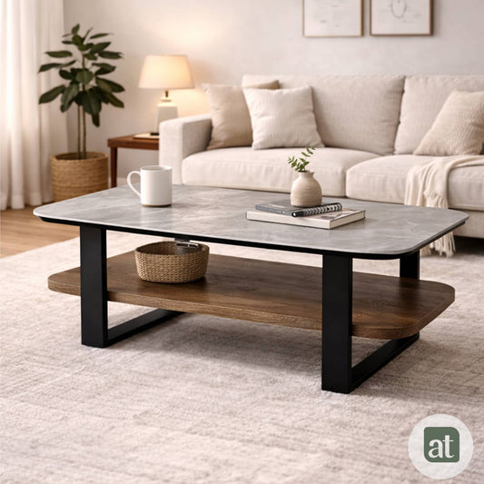 Mesa de Centro para Sala con Repisa Superior de Piedra Sinterizada Gris e Inferior de MDF Nogal