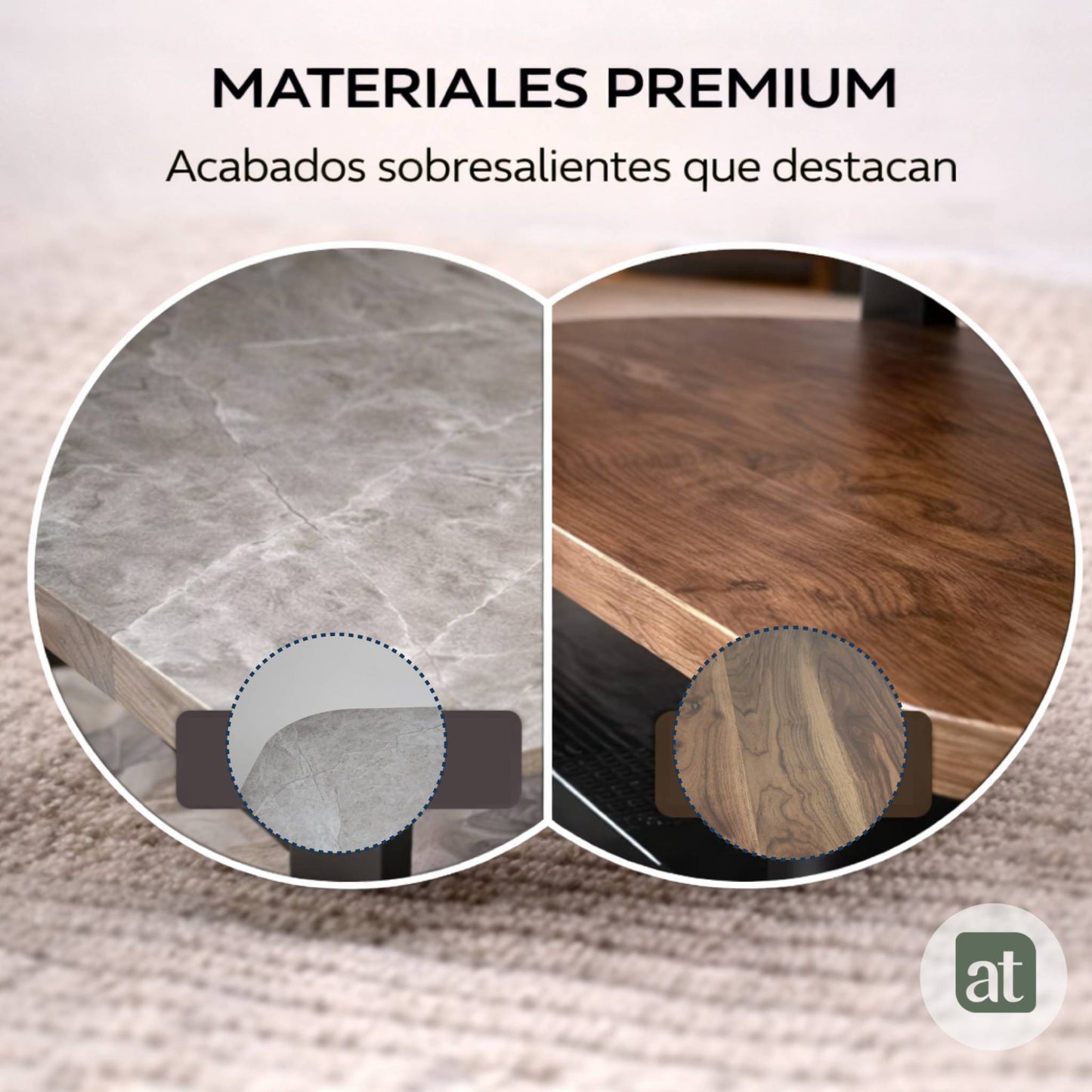 Mesa de Centro para Sala con Repisa Superior de Piedra Sinterizada Gris e Inferior de MDF Nogal