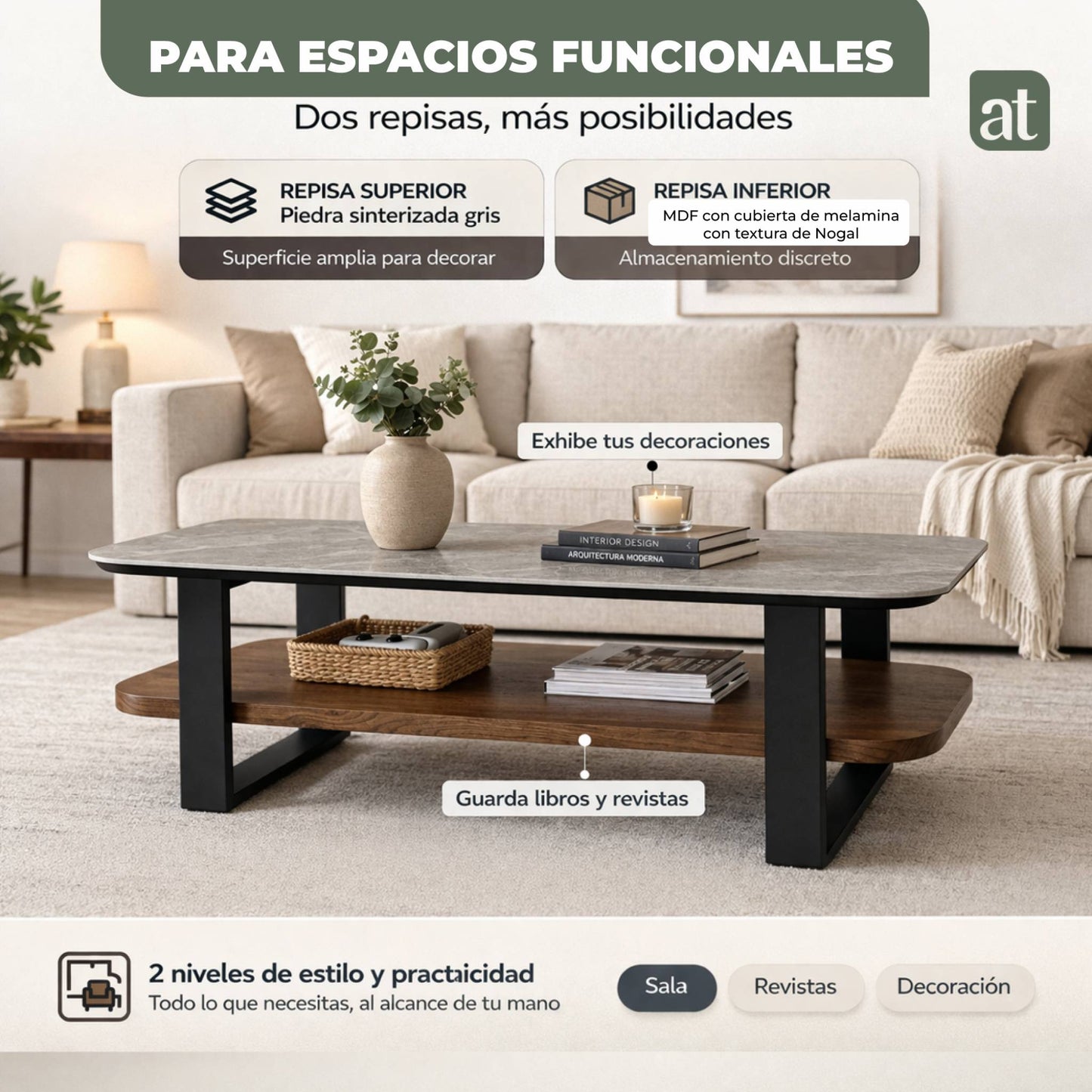 Mesa de Centro para Sala con Repisa Superior de Piedra Sinterizada Gris e Inferior de MDF Nogal