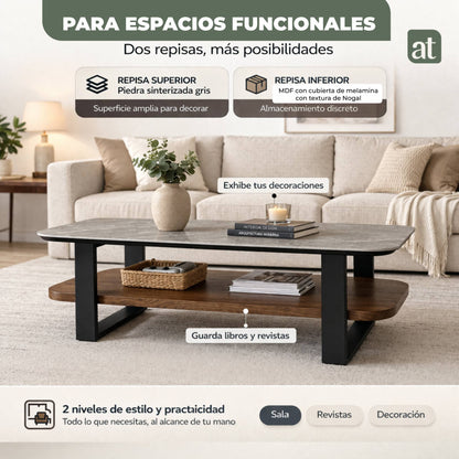 Mesa de Centro para Sala con Repisa Superior de Piedra Sinterizada Gris e Inferior de MDF Nogal