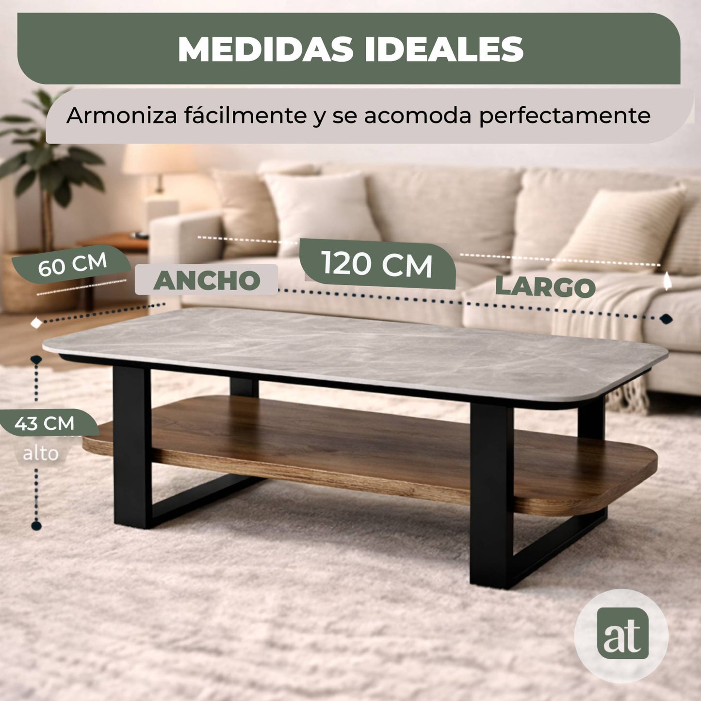 Mesa de Centro para Sala con Repisa Superior de Piedra Sinterizada Gris e Inferior de MDF Nogal