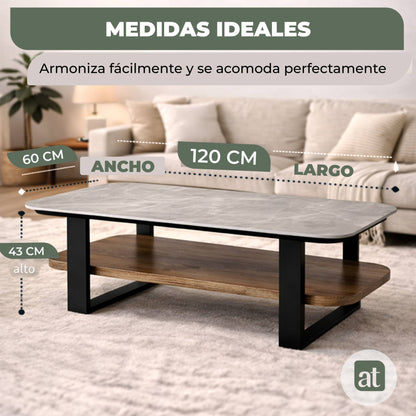 Mesa de Centro para Sala con Repisa Superior de Piedra Sinterizada Gris e Inferior de MDF Nogal