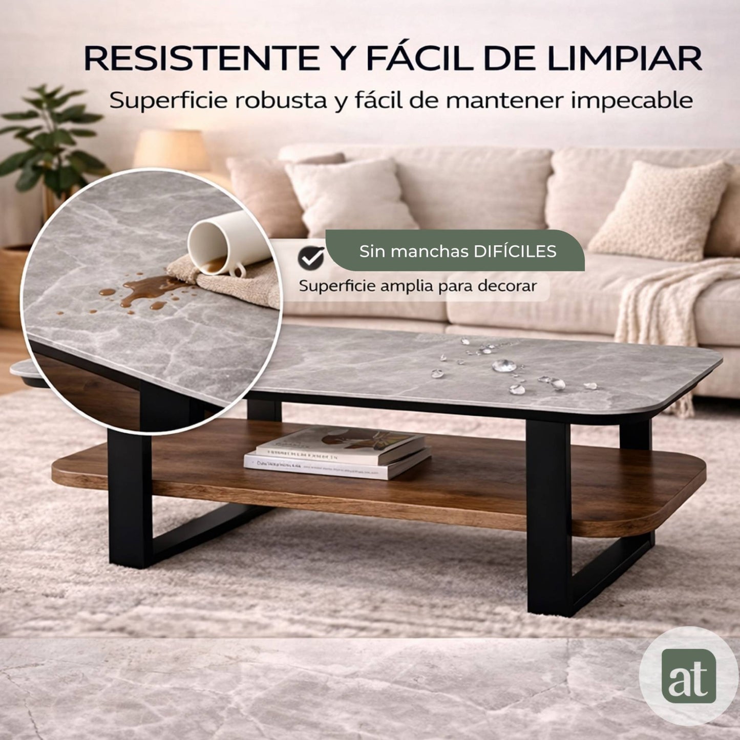 Mesa de Centro para Sala con Repisa Superior de Piedra Sinterizada Gris e Inferior de MDF Nogal