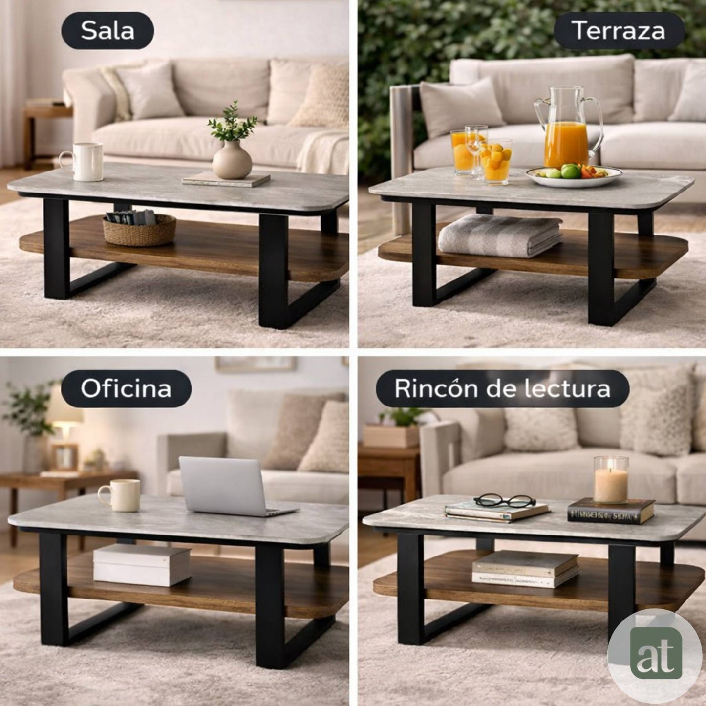 Mesa de Centro para Sala con Repisa Superior de Piedra Sinterizada Gris e Inferior de MDF Nogal