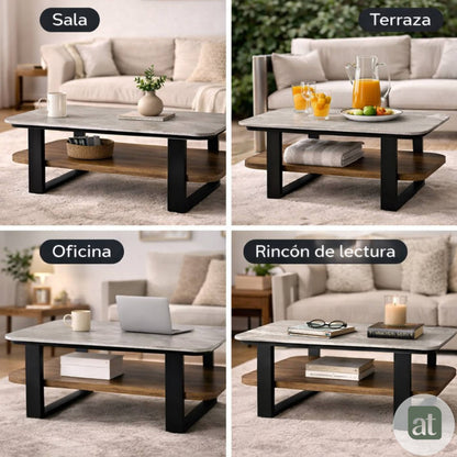 Mesa de Centro para Sala con Repisa Superior de Piedra Sinterizada Gris e Inferior de MDF Nogal
