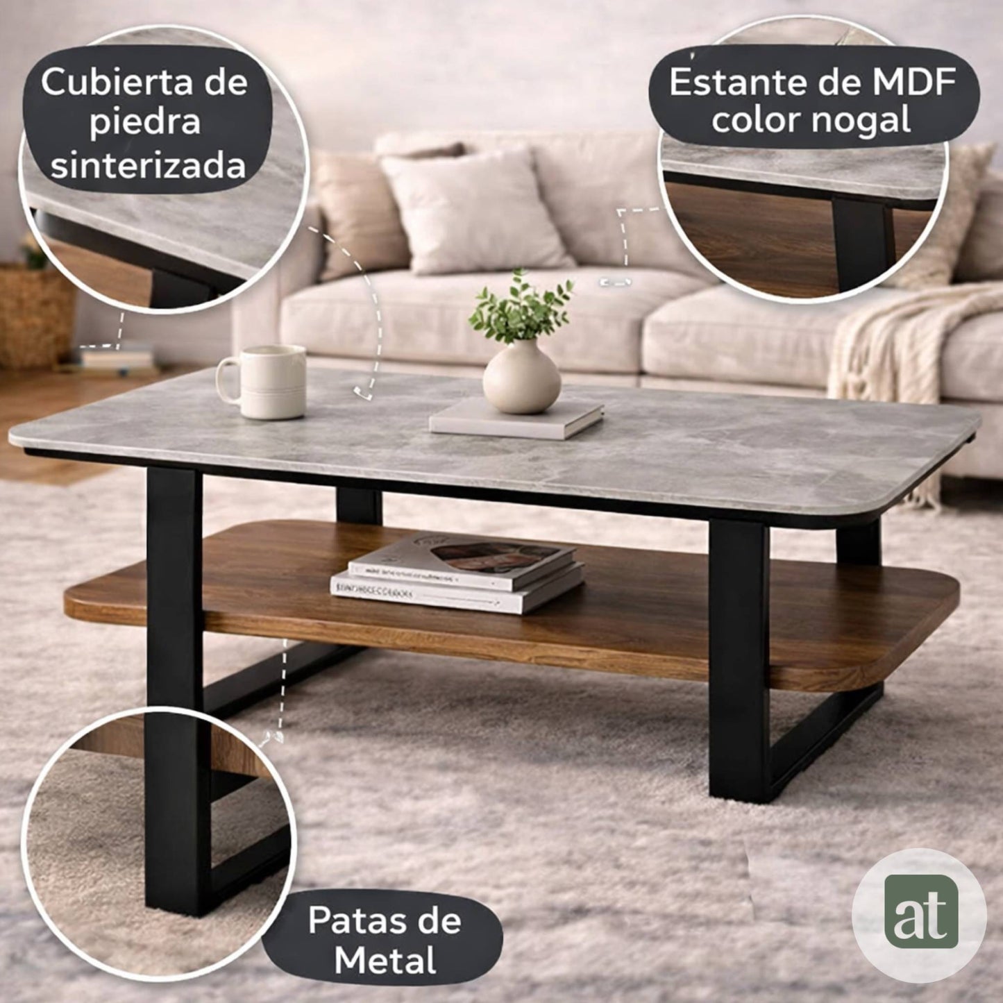 Mesa de Centro para Sala con Repisa Superior de Piedra Sinterizada Gris e Inferior de MDF Nogal