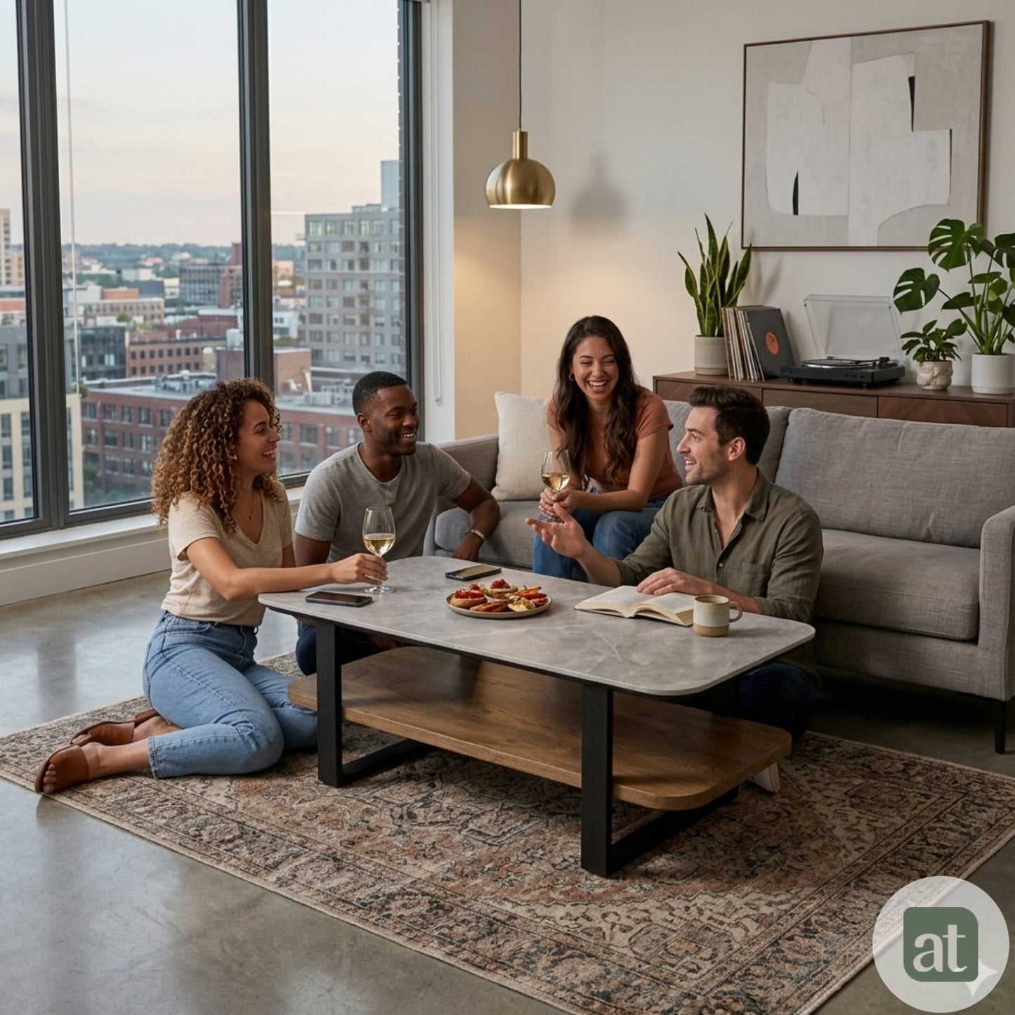 Mesa de Centro para Sala con Repisa Superior de Piedra Sinterizada Gris e Inferior de MDF Nogal