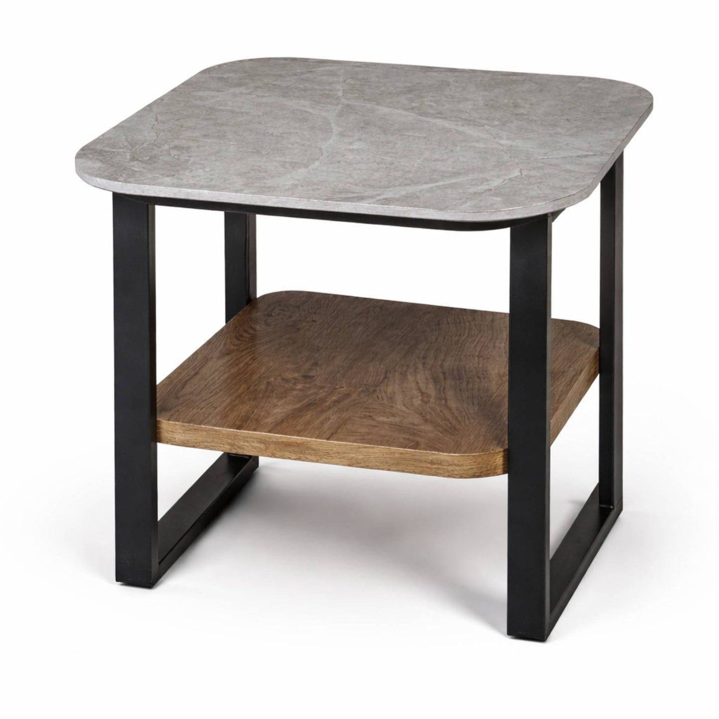 Mesa Auxiliar para Sala - Repisa Superior de Piedra Sinterizada Gris e Inferior de MDF Nogal