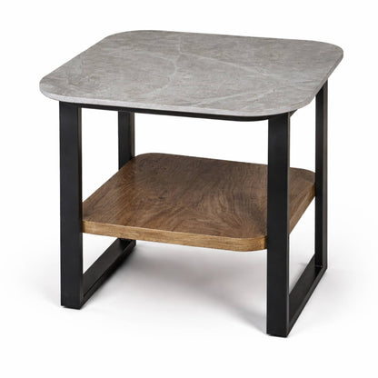 Mesa Auxiliar para Sala - Repisa Superior de Piedra Sinterizada Gris e Inferior de MDF Nogal