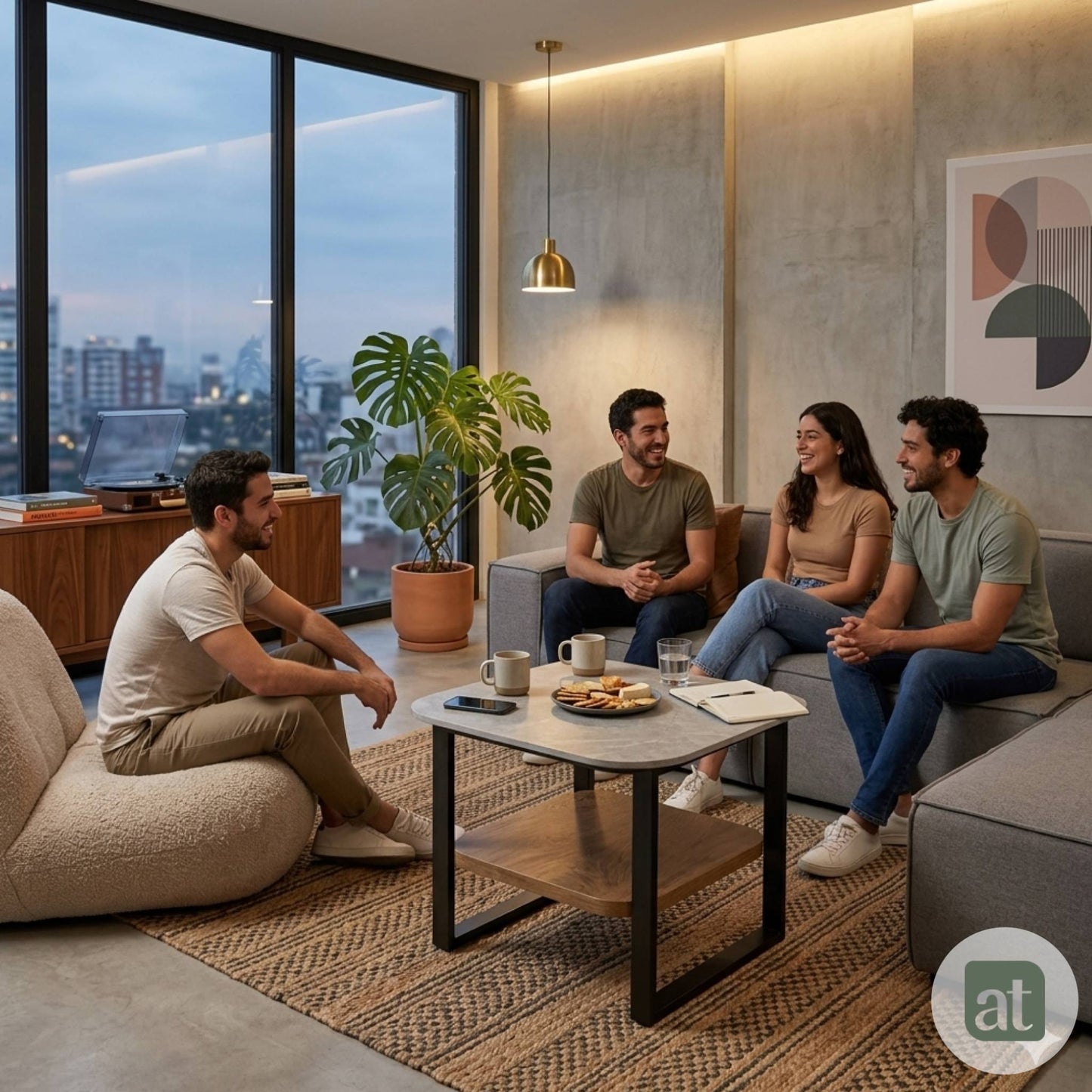Mesa Auxiliar para Sala - Repisa Superior de Piedra Sinterizada Gris e Inferior de MDF Nogal