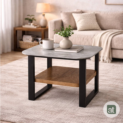 Mesa Auxiliar para Sala - Repisa Superior de Piedra Sinterizada Gris e Inferior de MDF Nogal