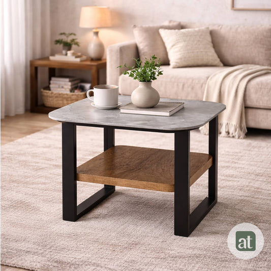 Mesa Auxiliar para Sala - Repisa Superior de Piedra Sinterizada Gris e Inferior de MDF Nogal