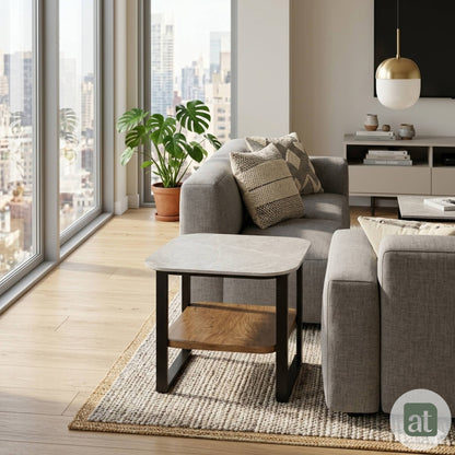 Mesa Auxiliar para Sala - Repisa Superior de Piedra Sinterizada Gris e Inferior de MDF Nogal