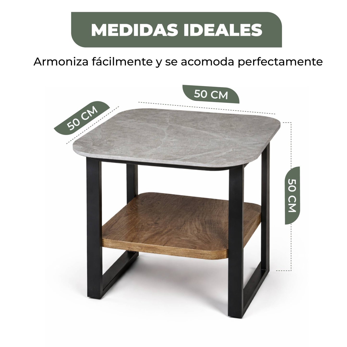 Mesa Auxiliar para Sala - Repisa Superior de Piedra Sinterizada Gris e Inferior de MDF Nogal