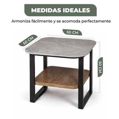 Mesa Auxiliar para Sala - Repisa Superior de Piedra Sinterizada Gris e Inferior de MDF Nogal