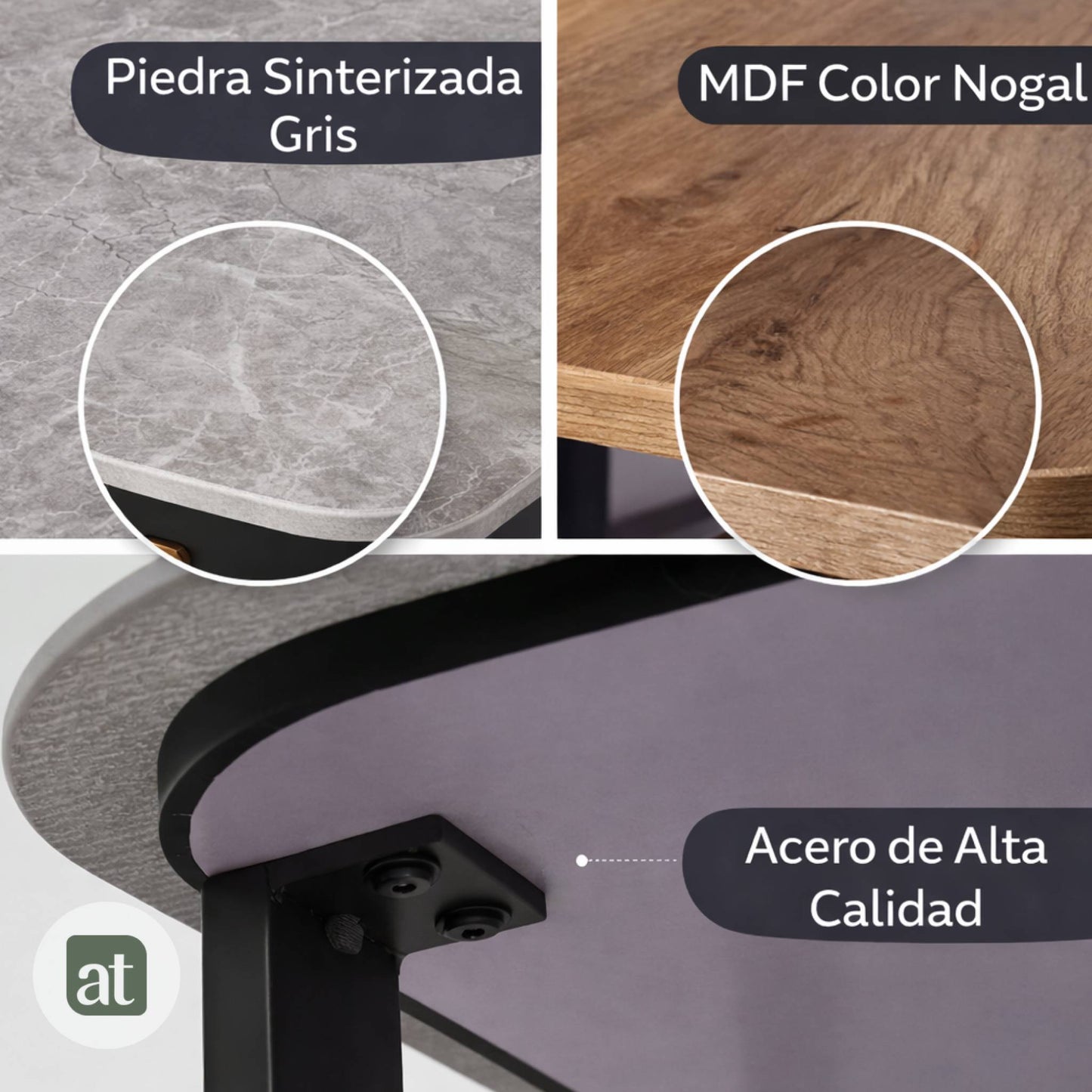 Mesa Auxiliar para Sala - Repisa Superior de Piedra Sinterizada Gris e Inferior de MDF Nogal